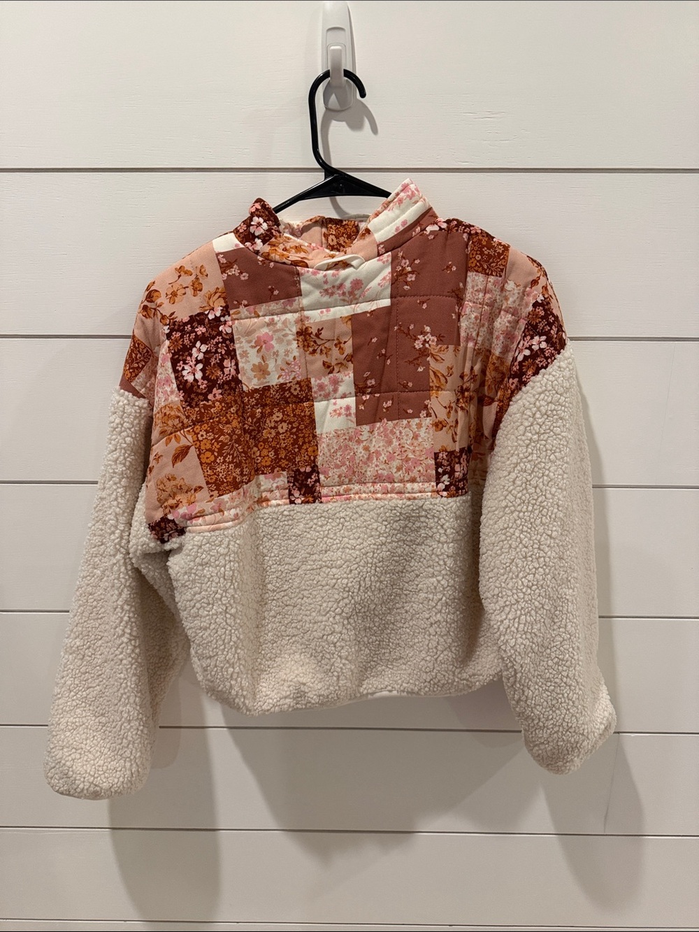 Altar'd State Cream Sherpa Puffer Jacket with Pink & Brown Patchwork - Picture 2 of 3